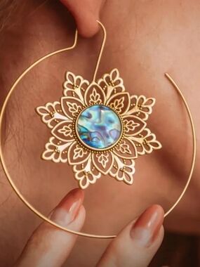 Boheme Gold Brass Mandala Abalone Shell Spiral Hoop Earrings 2"